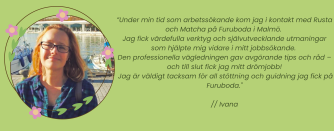 Deltagare tittar in i kameran med text